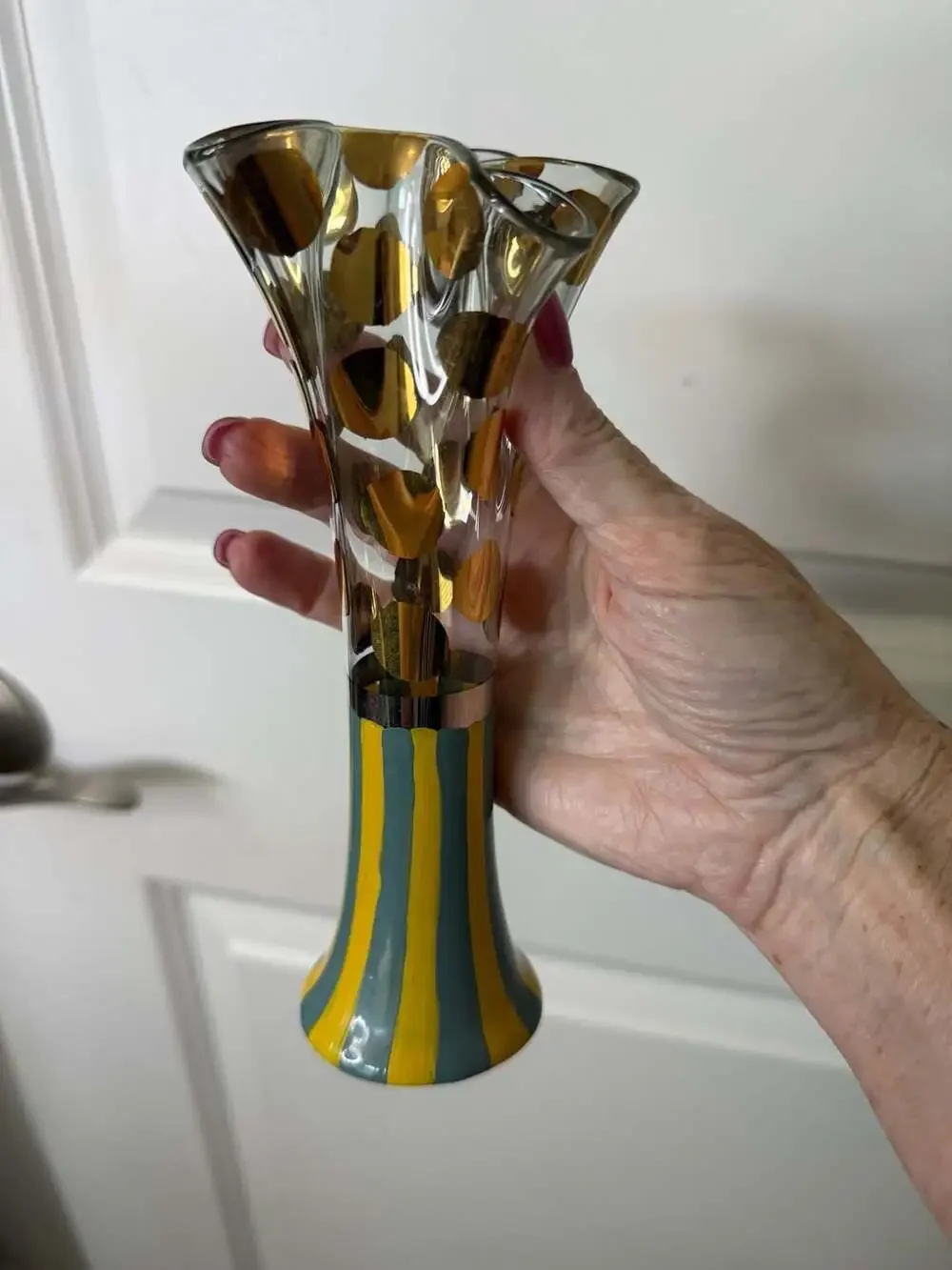 MacKenzie-Childs Circus Collection Ruffled Bud Vase with Gold Polka Dots and Str